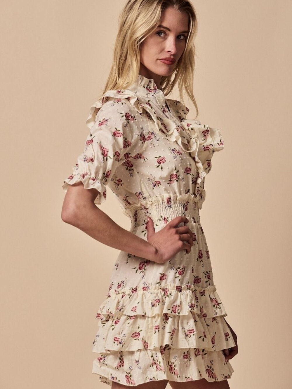 THE SHIRT Rochelle Behrens Floral Summer Dress L Swiss Dot Ruffle Mini NEW